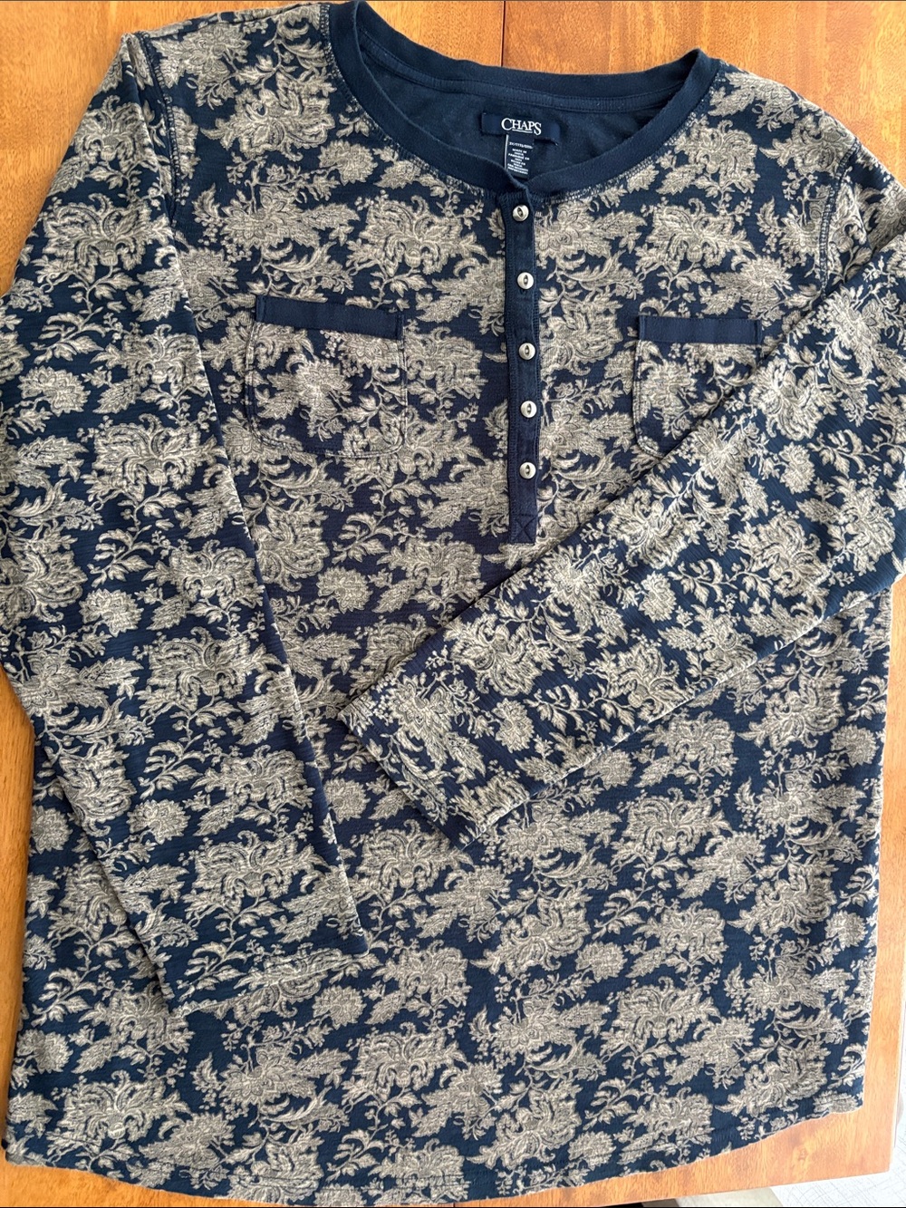 Chaps Women’s Navy and Tan Floral Henley Shirt